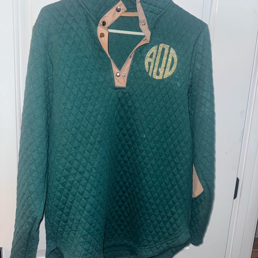 Green Quilted Pullover with Gold Monogram
